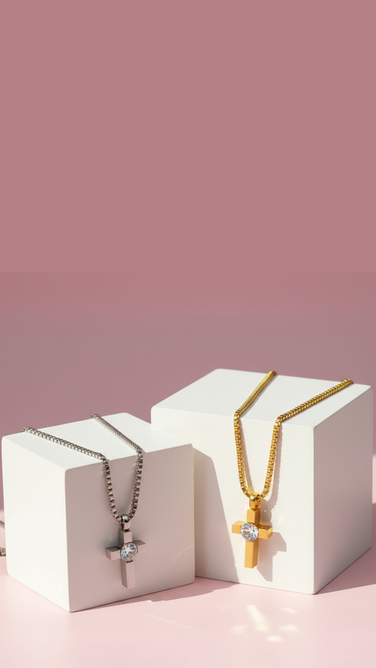 Round Cut Crystal Mini Cross Pendant Necklace