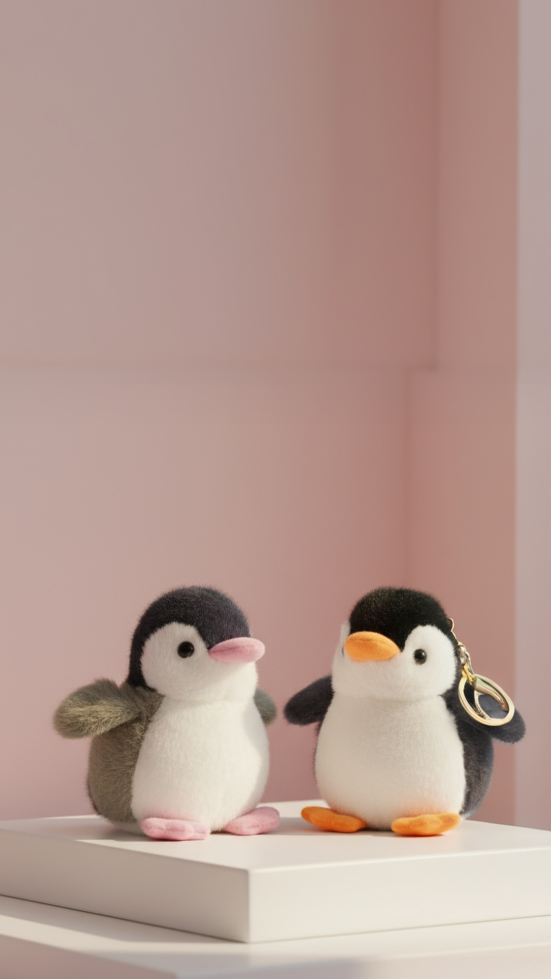 Two plush penguin keychains on a white platform with a pink background