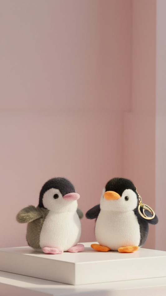 Two plush penguin keychains on a white platform with a pink background
