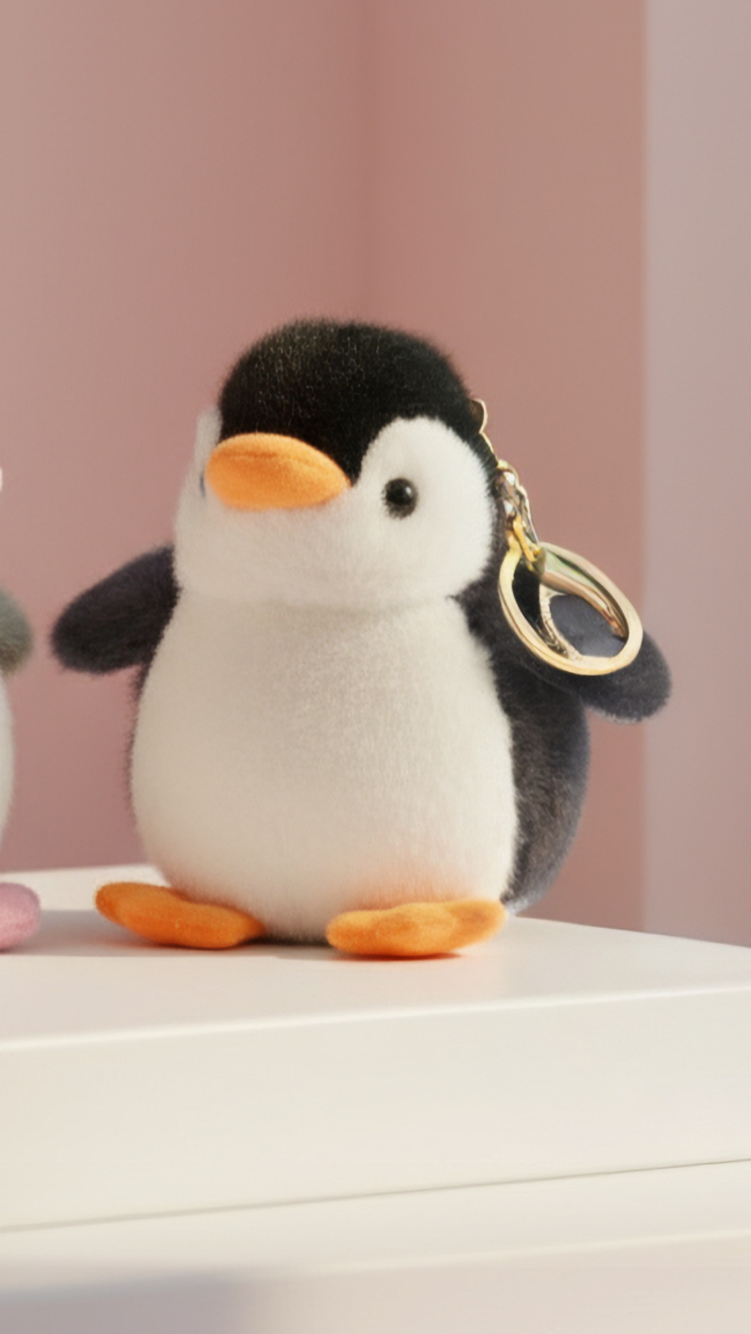 Plush penguin keychain on a pink background