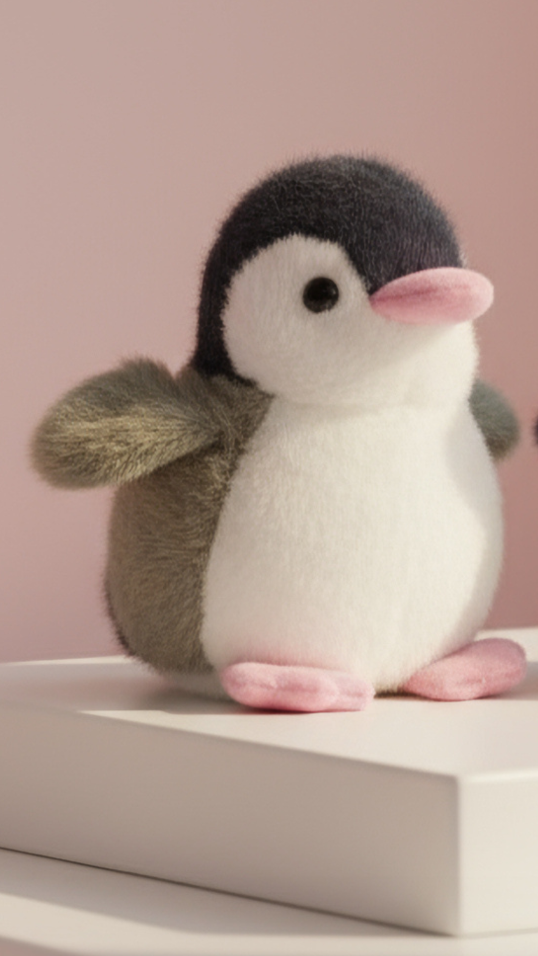 Stuffed penguin keychain on a light pink background