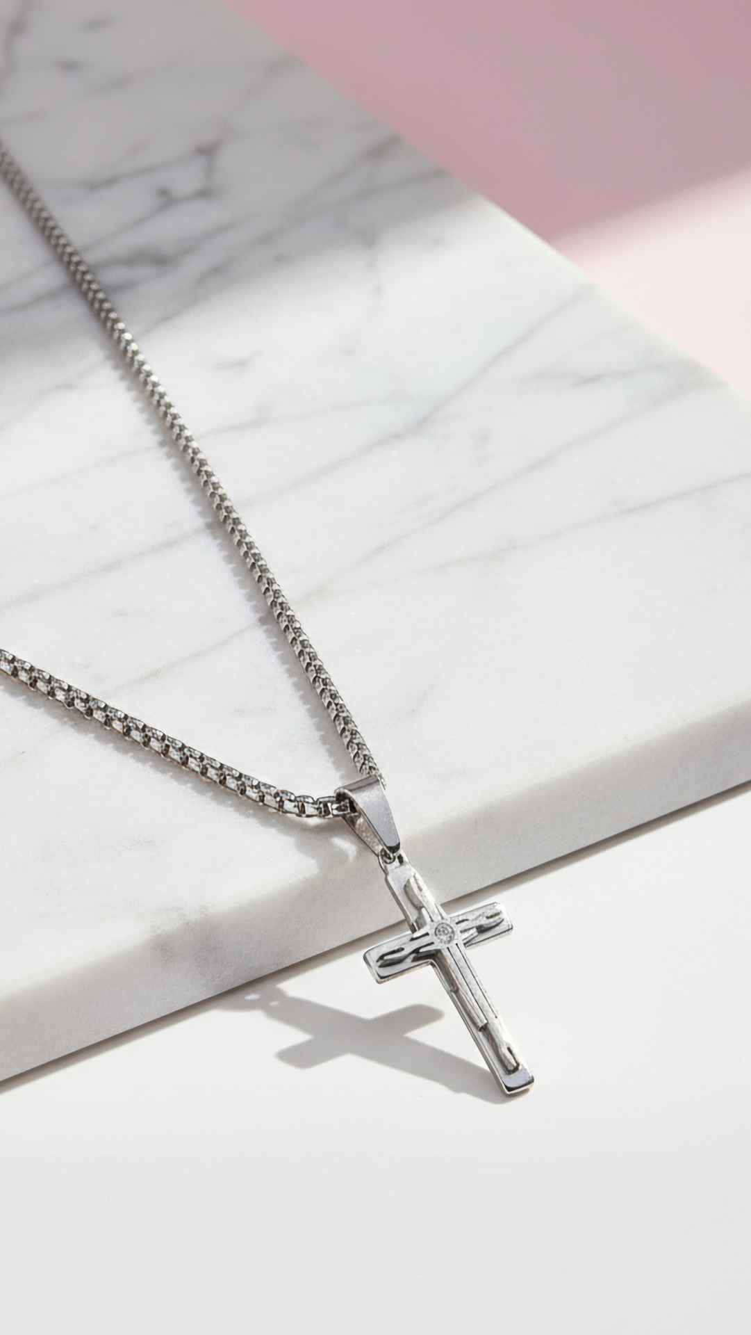Waterproof Stainless Steel Silver Stone Inlaid Cross Pendant Necklace