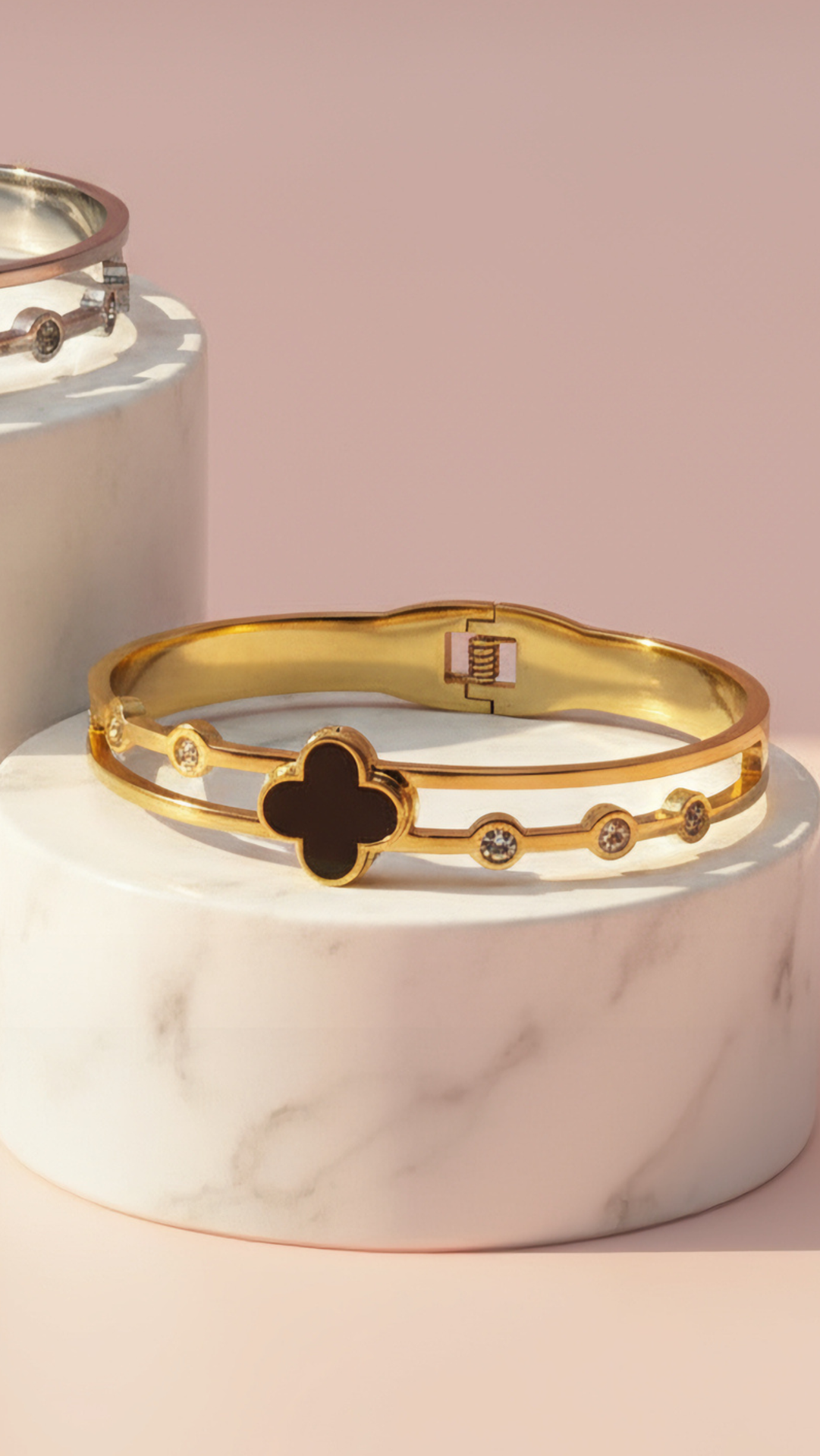 Stainless Steel Black Clover & Crystal Stacking Bangle