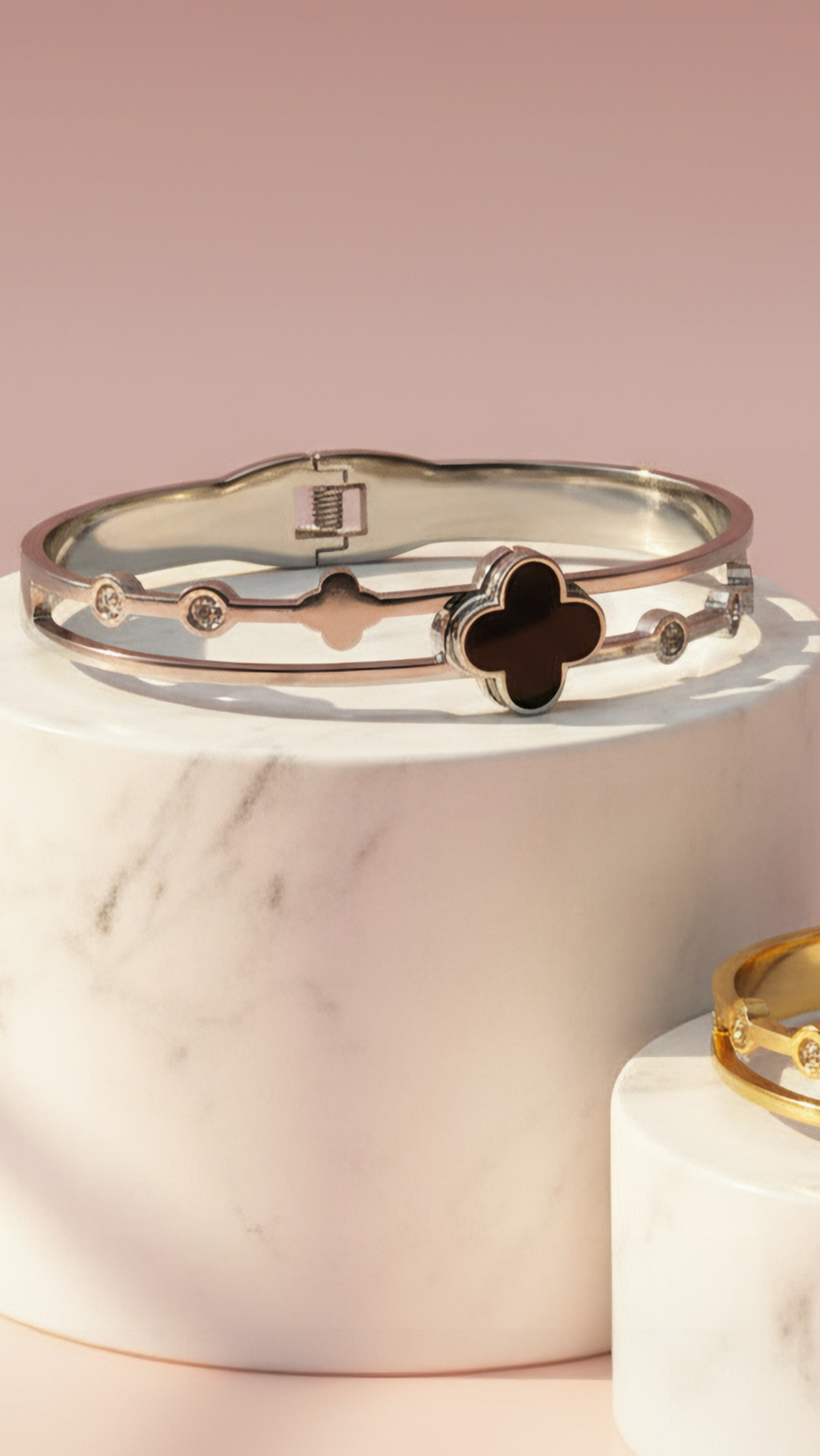 Waterproof Stainless Steel Black Clover & Crystal Stacking Bangle