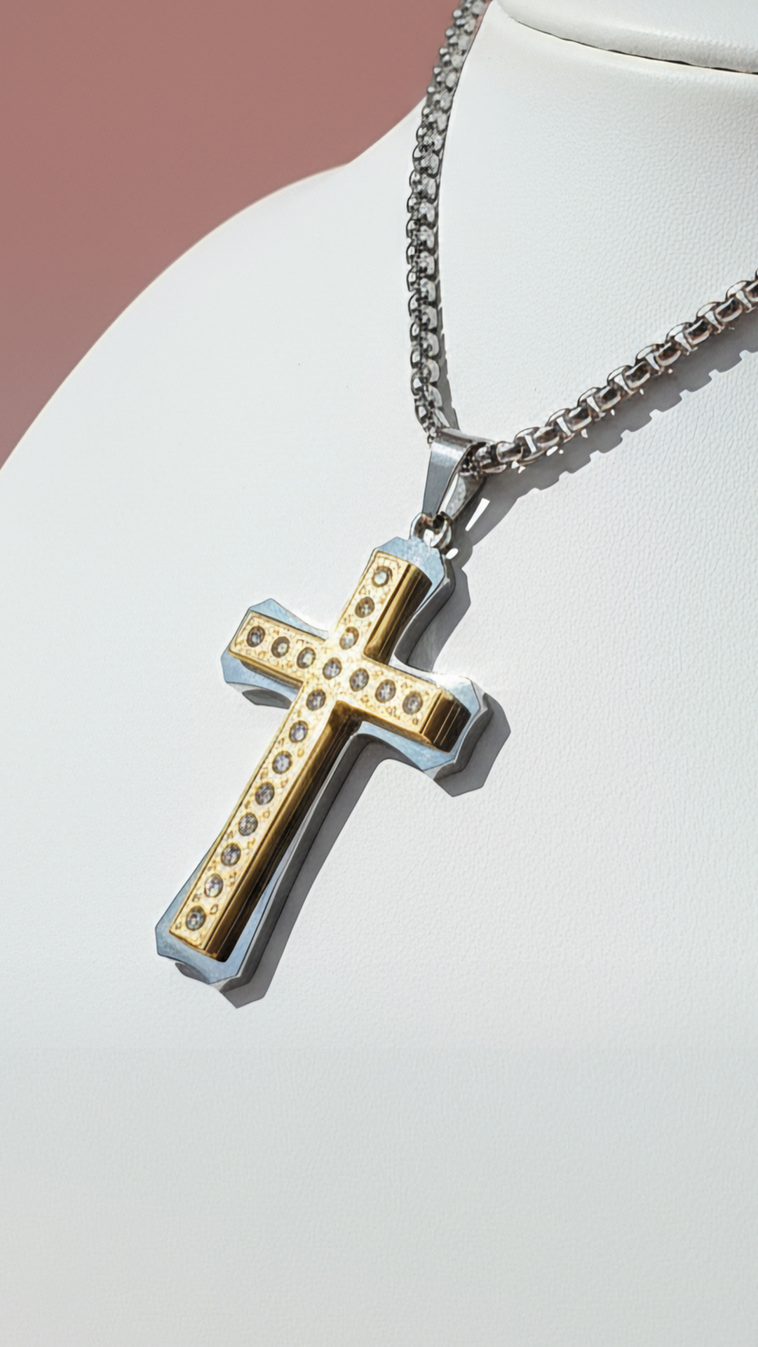 Gold Textured Crystal Cross Necklace