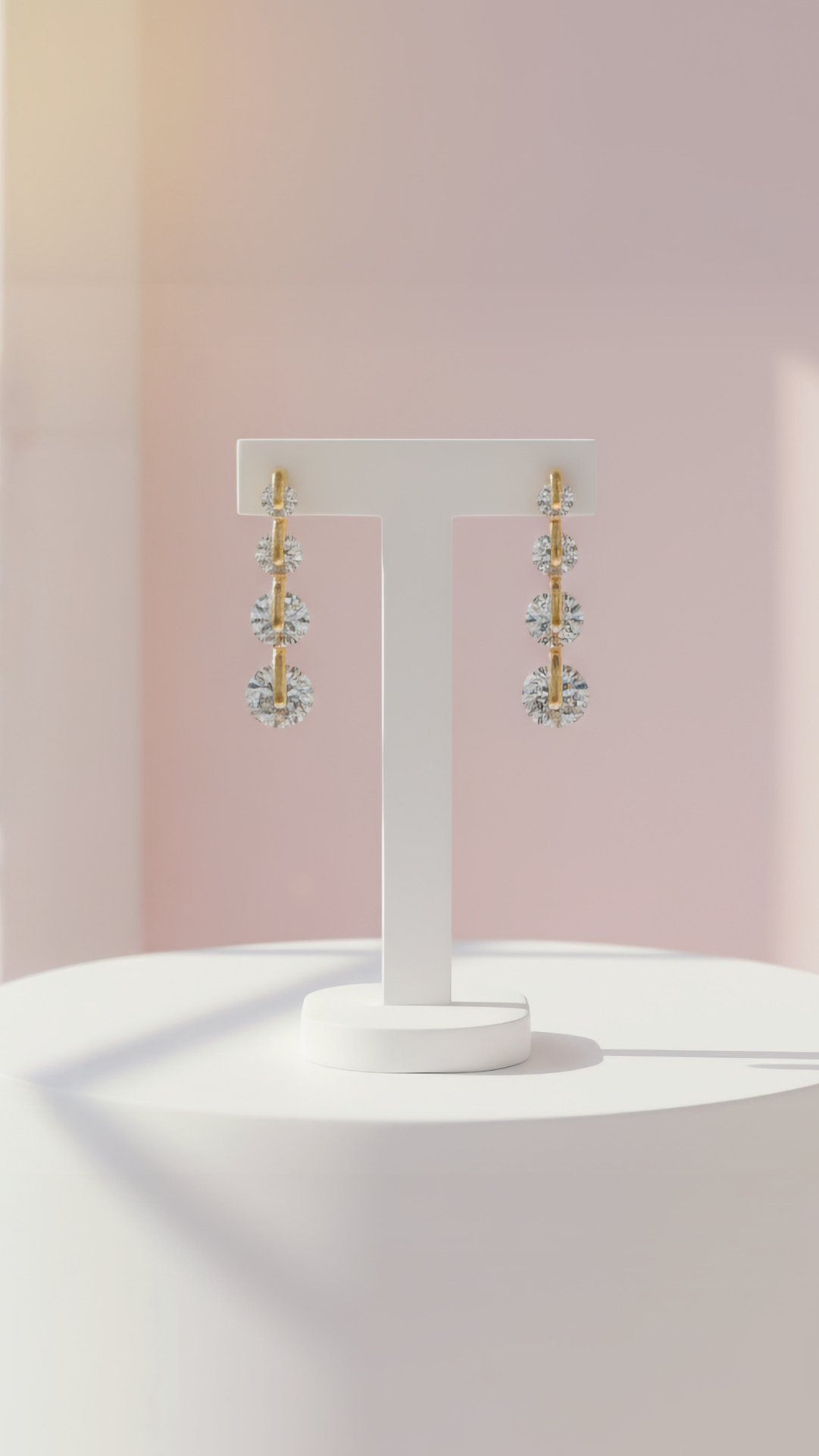 Pair of earrings on a white stand against a pink background