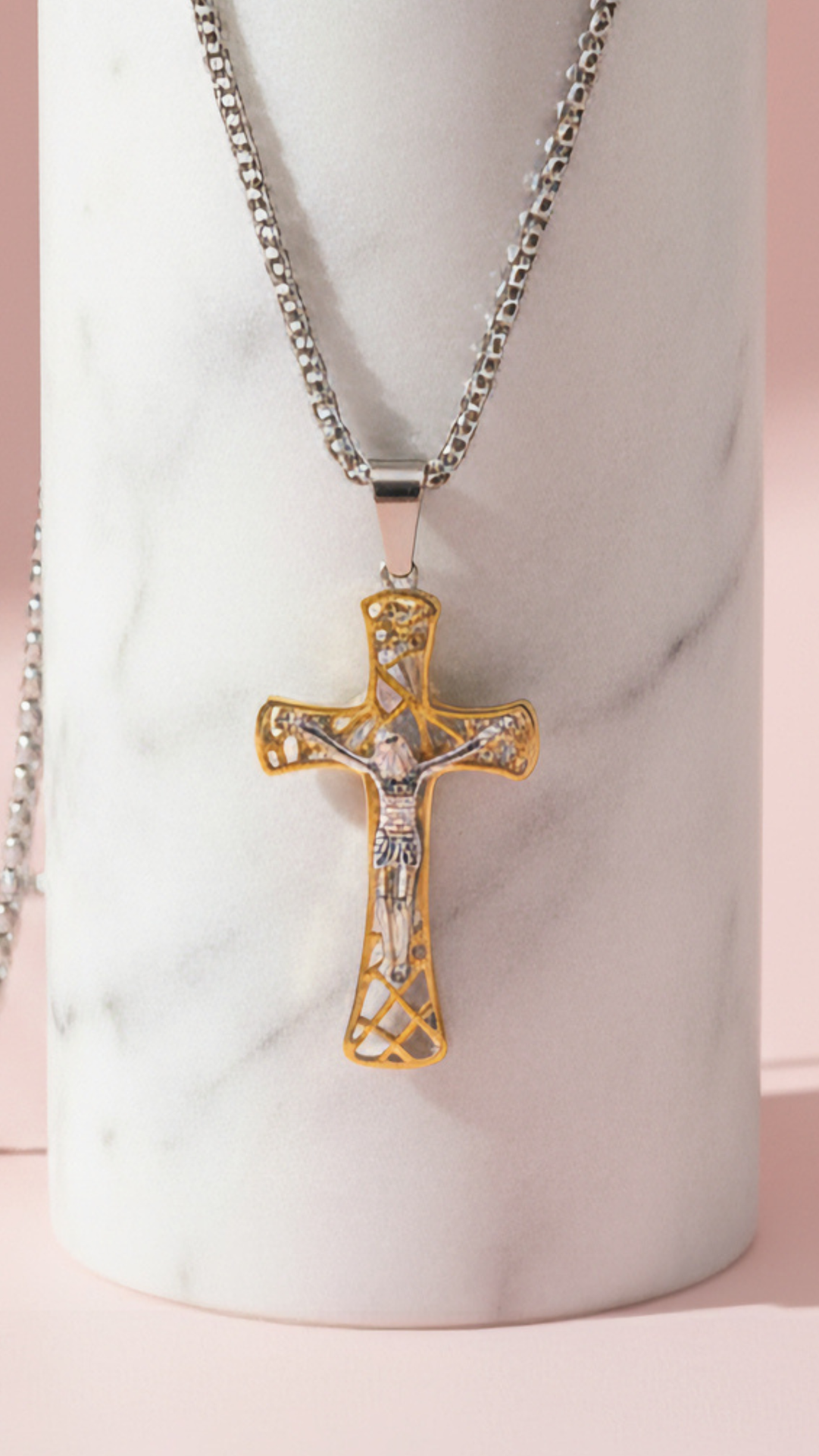 Waterproof Polished Lattice Stainless Steel Cross Pendant Necklace