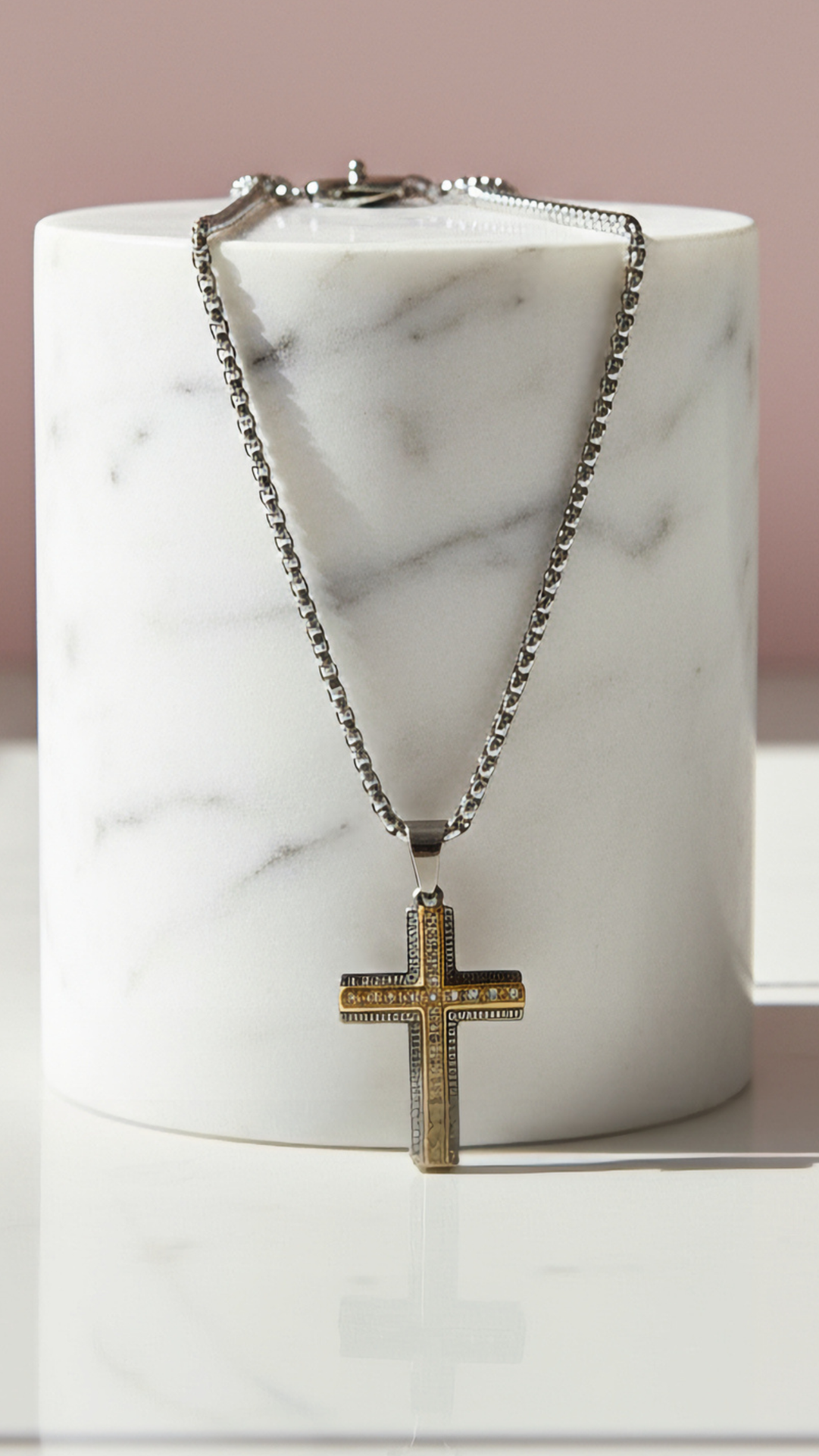 Layered Two Tone Stainless Steel Cross Necklace