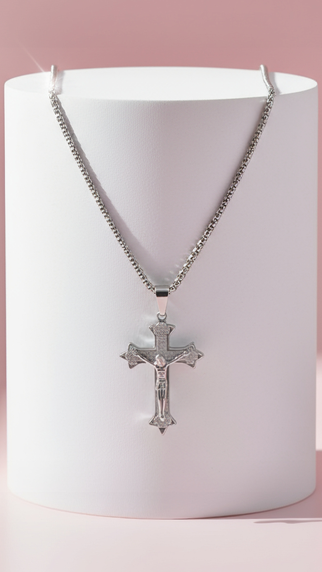 Waterproof Stainless Steel Silver Textured Cross Necklace