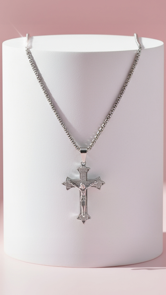 Waterproof Stainless Steel Silver Textured Cross Necklace