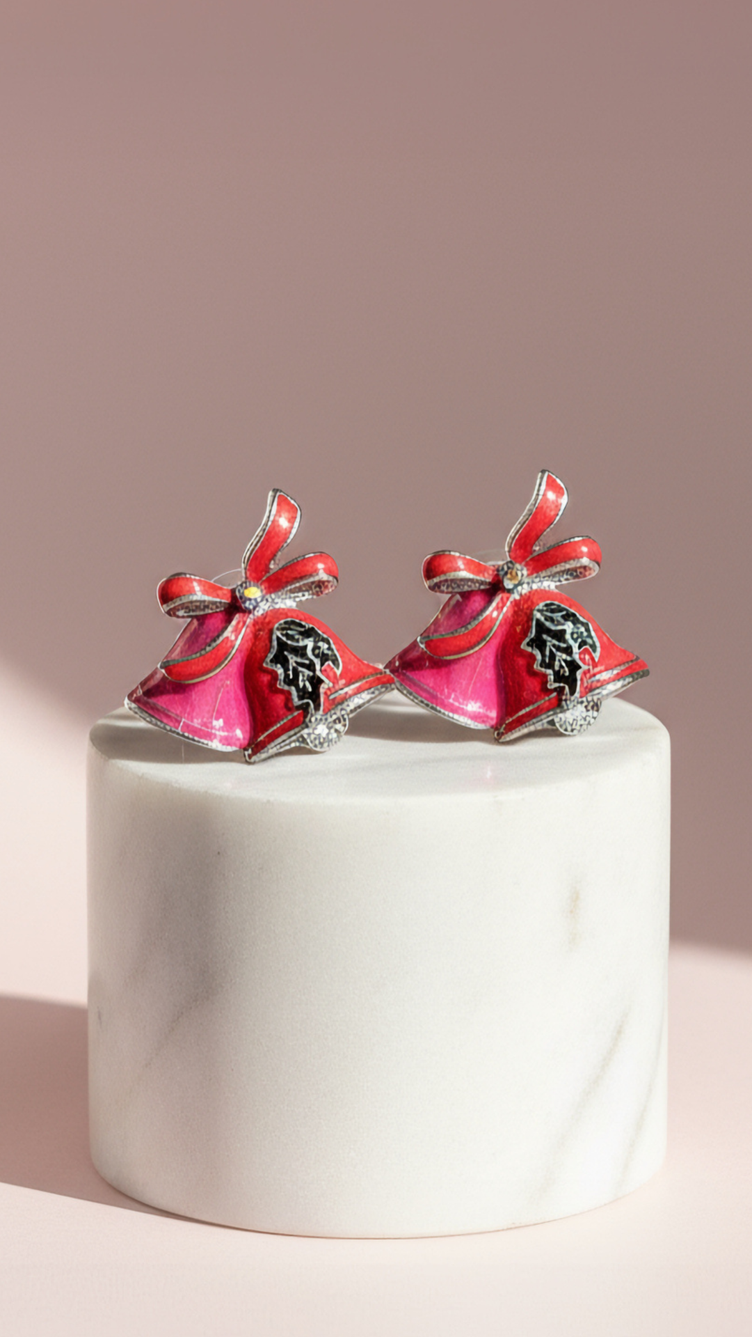 Pink Jingle Bells With Holly Crystal Stud Earrings