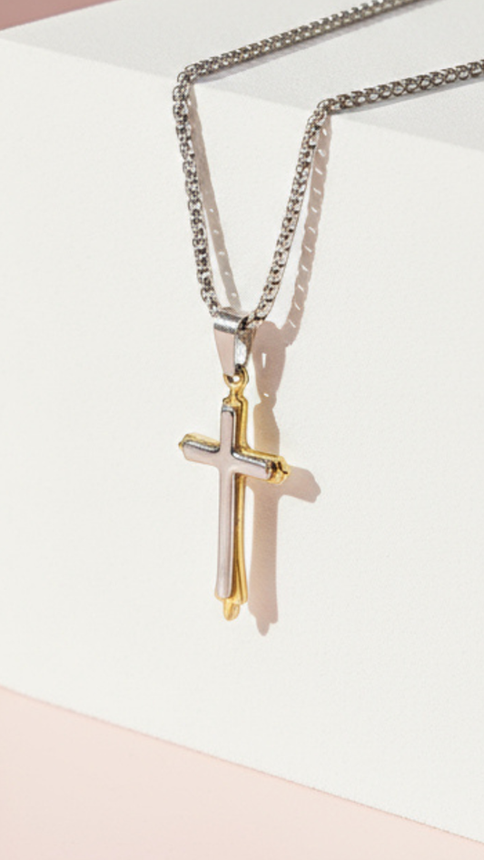 Waterproof Two Tone Stainless Steel Cross Necklace