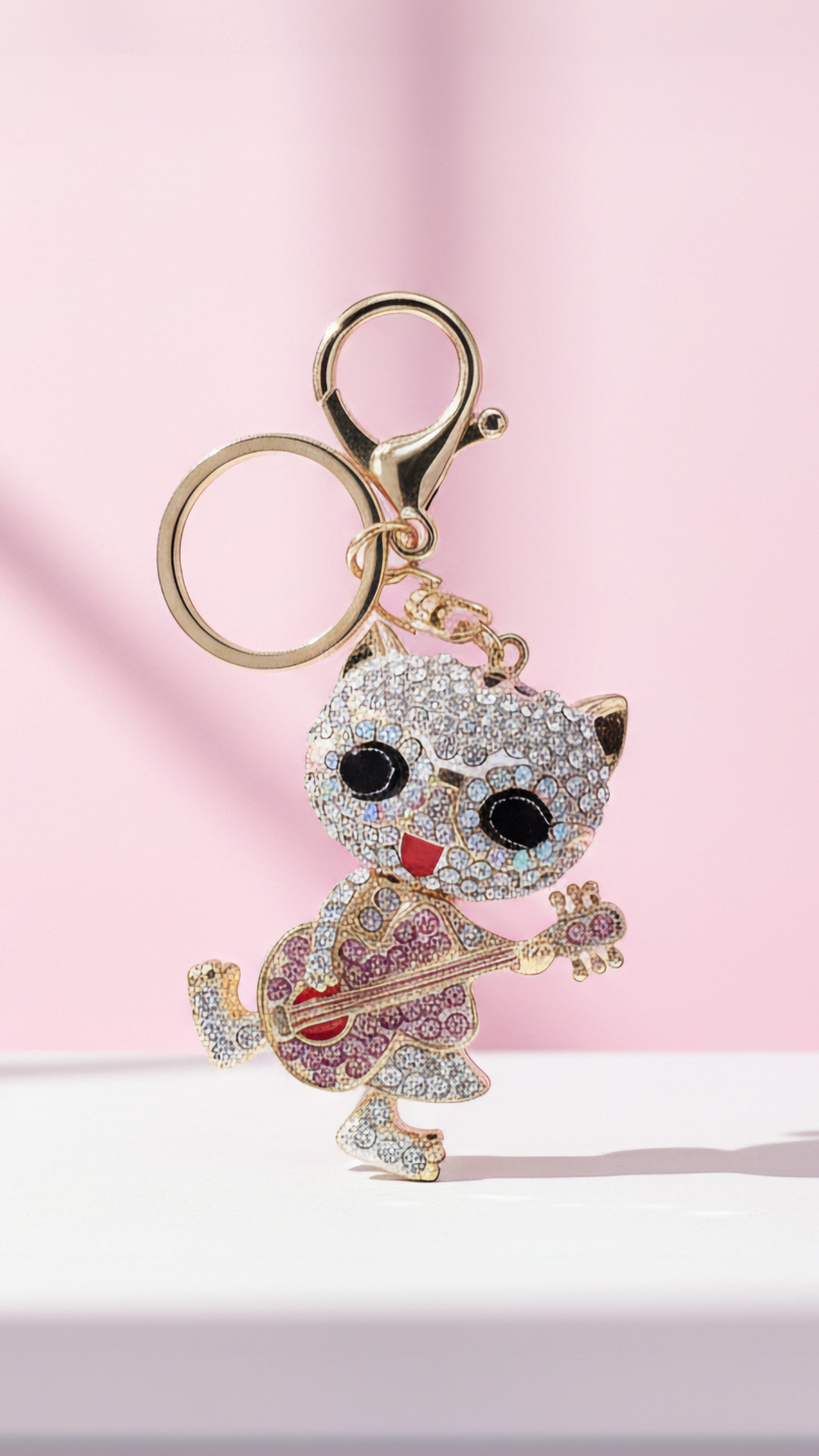 Dancing Guitar Cat Crystal Key Ring & Bag Charm