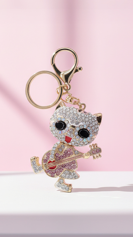 Dancing Guitar Cat Crystal Key Ring & Bag Charm