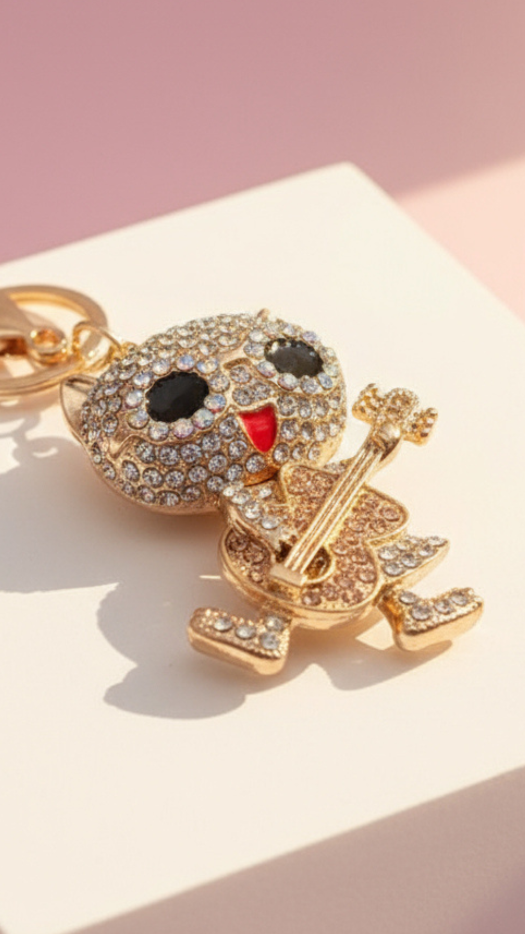 Dancing Guitar Cat Crystal Key Ring & Bag Charm