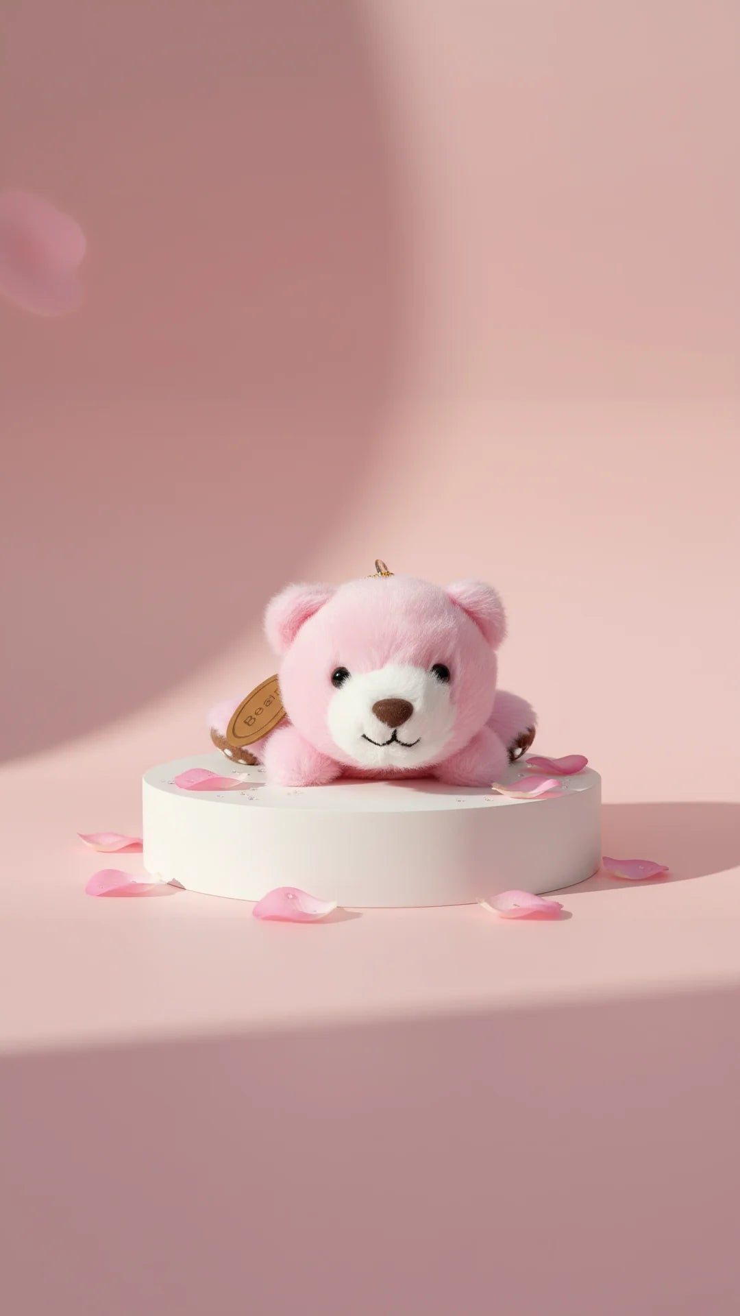Pink fluffy teddy bear keychain on a white circular display against a pink background