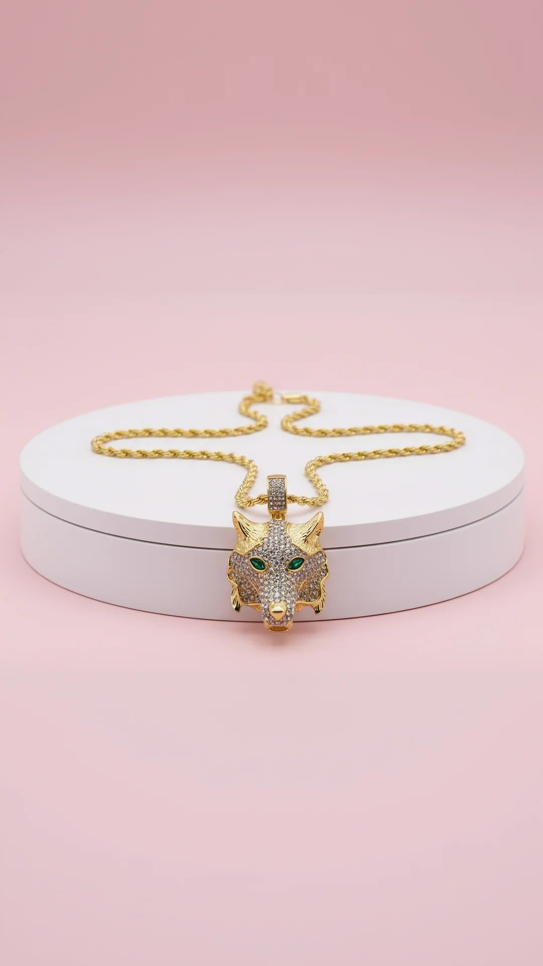 Waterproof Stainless Steel Gold Plated Crystal Wolf Necklace