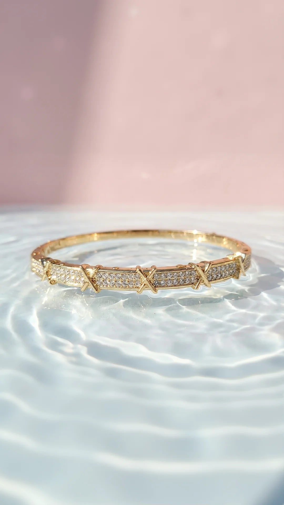 Criss Cross Crystal Inlaid Stainless Steel Gold Plated Hinged Bangle