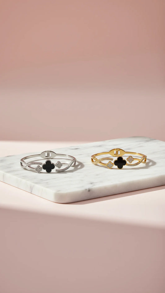 Waterproof Curved Stainless Steel Clover Stacking Bangle