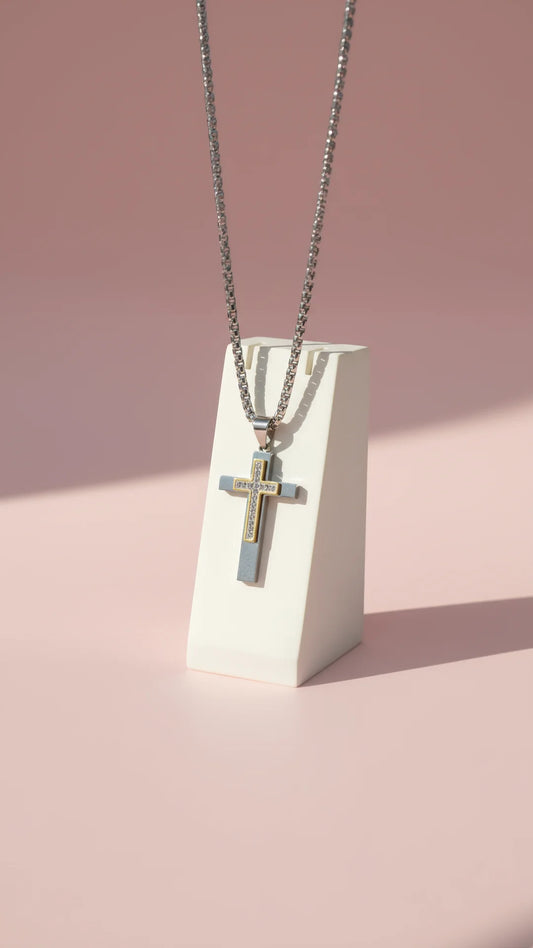 Two Tone Crystal Cross Symbolic Necklace