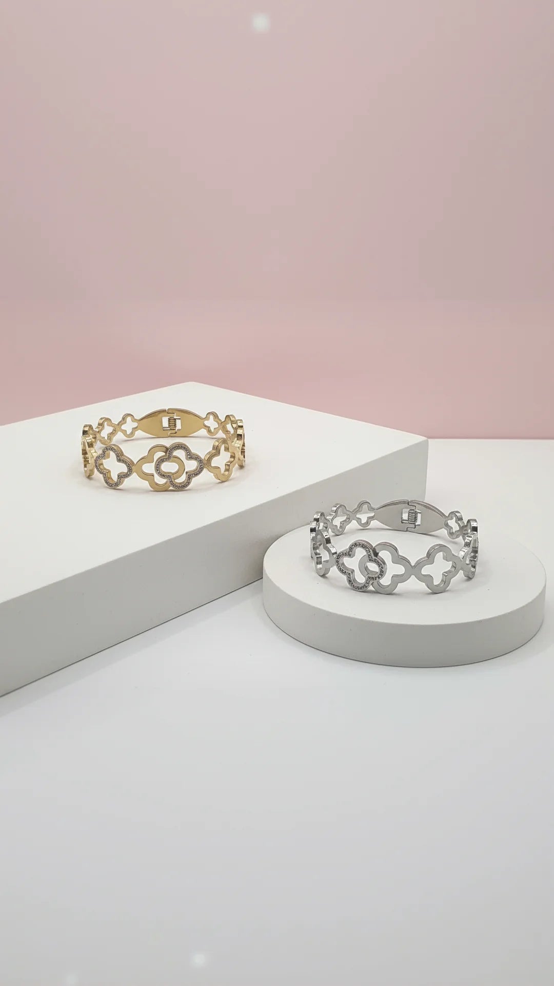 Stainless Steel Pavé Clover Crystal Stacking Bangle