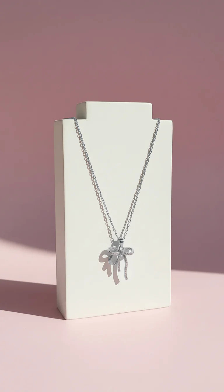 Bow Crystal Stainless Steel Gold Plated Pendant Necklace