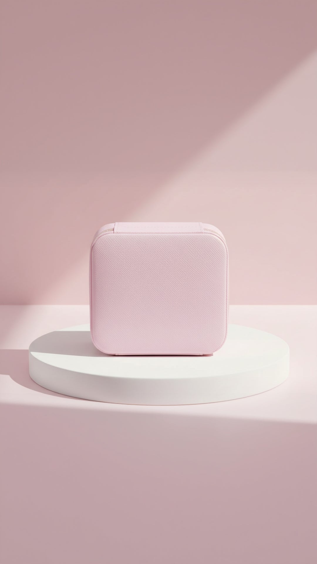 Pink square-shaped product on a white pedestal against a pink background