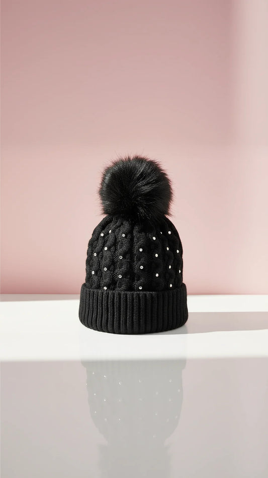Crystal Studded Fluffy Bobble Hats Pack of 12