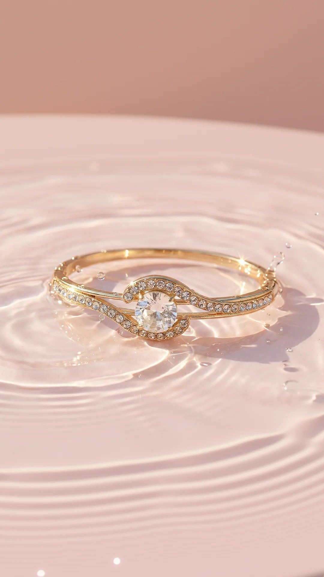 Round Solitaire Pave Crystal Inlaid Stainless Steel Gold Plated Hinged Bangle