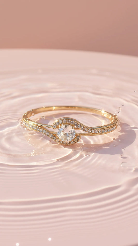 Round Solitaire Pave Crystal Inlaid Stainless Steel Gold Plated Hinged Bangle