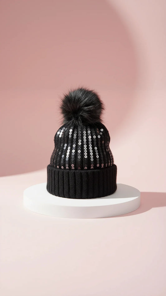 Sequin Stretchy Pom Pom Bobble Hat Beanies Pack of 12