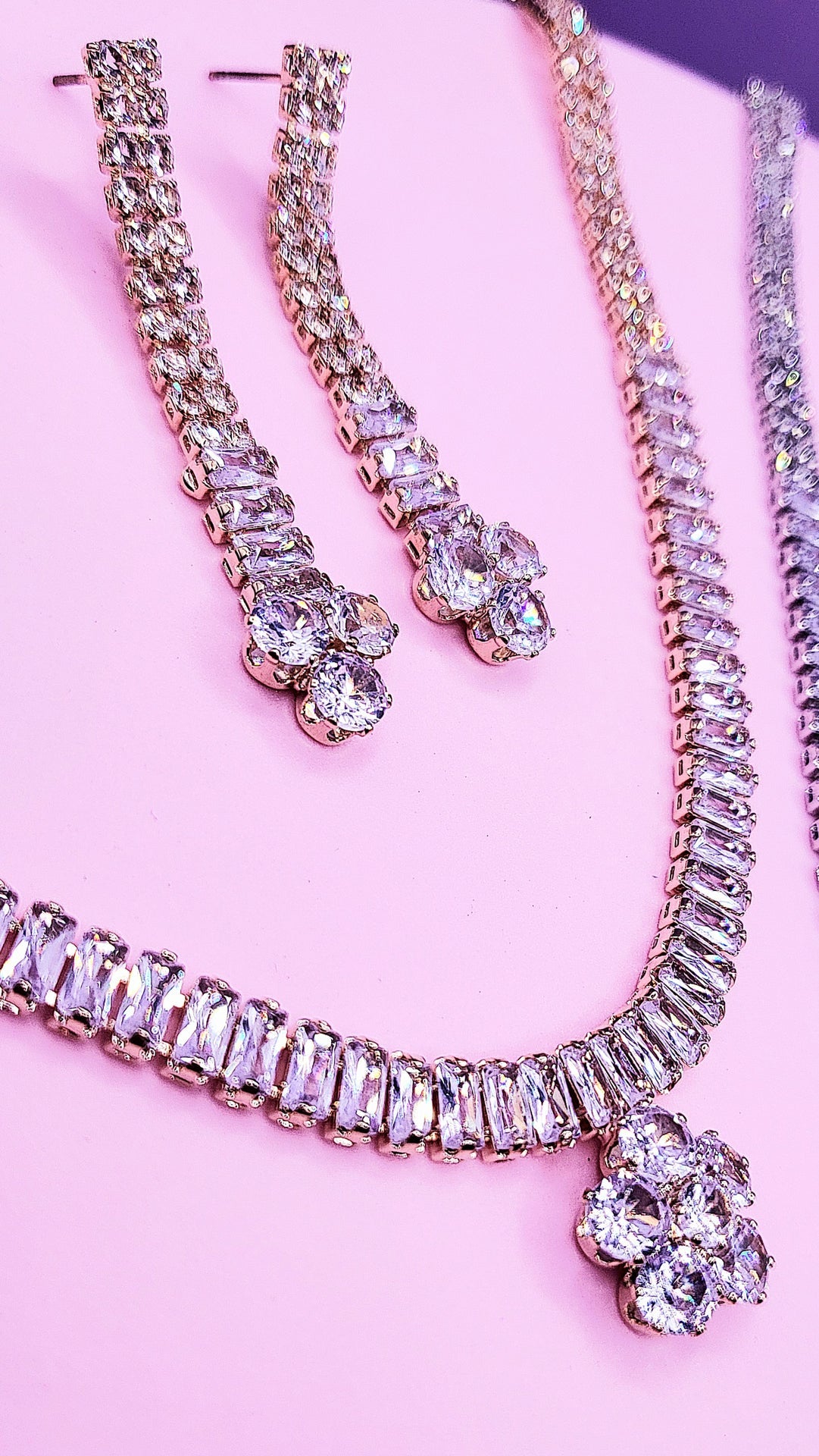 Flower Crystal Baguette Cut Layered Necklace Set