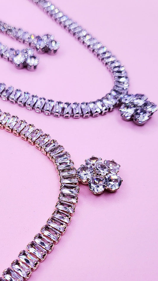 Flower Crystal Baguette Cut Layered Necklace Set