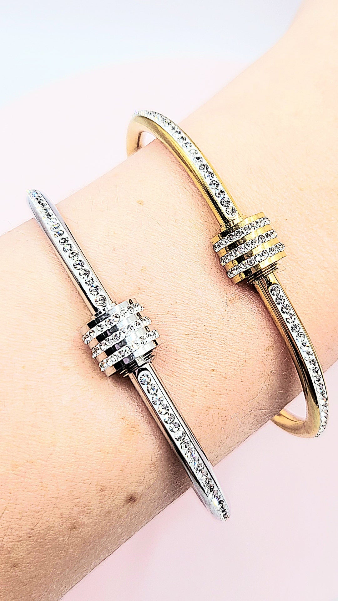 Curved Crystal Stacking Bangle Stainless Steel